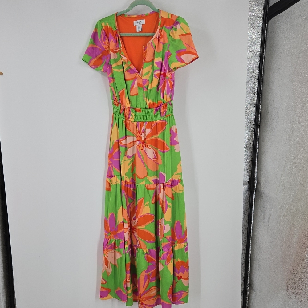 Nicole Miller Vibrant Floral Maxi Dress in Green and Orange